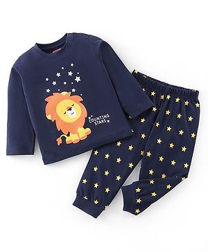 Babyhug Cotton Knit Single Jersey Full Sleeves Lion & Star Print Night Suit - Navy Blue