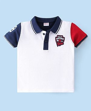 Babyhug 100% Cotton Single Jersey Knit Half Sleeves Polo T-Shirt & Shorts Set With Text Embroidery - Multicolor & Blue