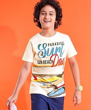 Pine Kids Half Sleeves Round Neck Cotton Text Printed T-Shirt - Snow White