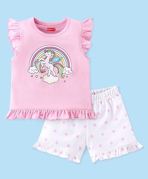 Babyhug Cotton Knit Half Sleeves Night Suit Unicorn Print -Pink