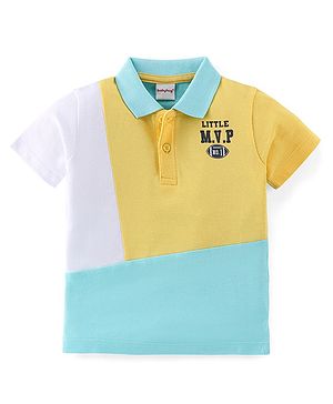 Babyhug Cotton Knit Half Sleeves Cut & Sew with Text Applique Polo T-Shirt - Yellow & Blue