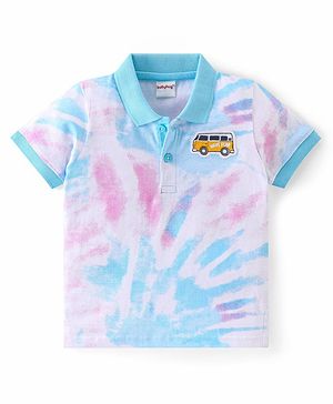 Babyhug Cotton Half Sleeves Tie & Dye Polo T-Shirt With Bus Patch - White