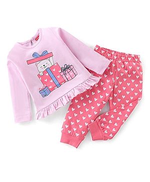 Babyhug Cotton Knit Full Sleeves Kitty Printed Night Suit - Pink