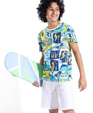Pine Kids 100% Cotton Knit Half Sleeves T-Shirt Bus Print - White