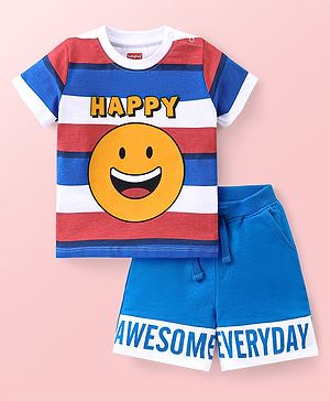 Babyhug Single Jersey Knit Half Sleeves T-Shirt And Shorts Set Stripes & Emoji Print - Red White & Blue