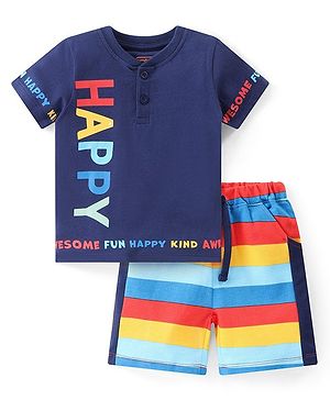 Babyhug Single Jersey Knit Half Sleeves Text Printed  T-Shirt  & Striped Shorts Set - Multicolour