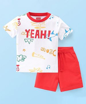 Babyhug 100% Cotton Knit Half Sleeves T-Shirt & Shorts Music Note Print - White & Red