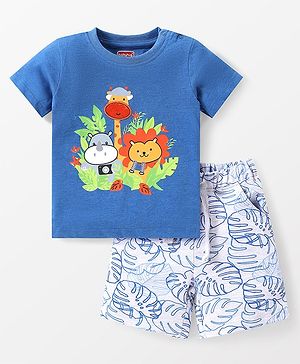 Babyhug Single Jersey Knit Half Sleeves T-Shirt & Shorts Set with Animal Print - Blue & White