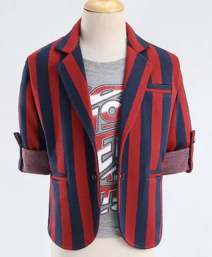 Rikidoos Full Sleeves Awning Striped Blazer With Do Not Fear Text Printed Tee - Red & Melange Grey