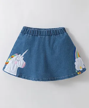Kookie Kids Denim Washed Skirt With Unicorn Applique - Blue