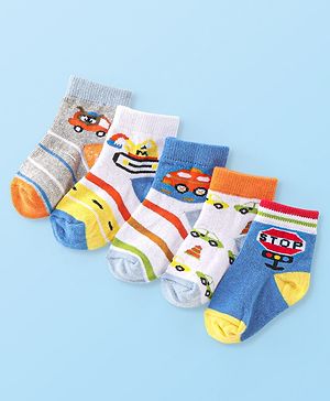 Cute Walk By Babyhug Anti Bacterial Cotton Rich Non Terry Ankle Length Socks Stripes & Car Deign Pack Of 5 - Multicolor