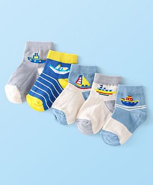 Cute Walk By Babyhug Anti-Bacterial Ankle Length Socks Boat & Stripes Design  Pack Of 5- Blue Grey & White