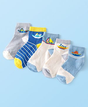 Cute Walk By Babyhug Anti-Bacterial Ankle Length Socks Boat & Stripes Design  Pack Of 5- Blue Grey & White