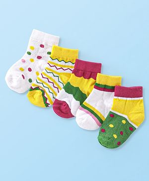 Cute Walk By Babyhug Anti Bacterial Cotton Rich Non Terry Ankle Length Socks Stripes & Polka Dot Deign Pack Of 5 - Multicolor