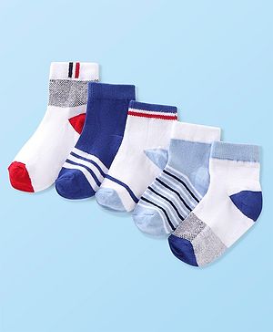 Cute Walk by Babyhug Cotton Blend Rich Non Terry Antibacterial Ankle Length Socks Striped Design Pack of 5 - Blue & White