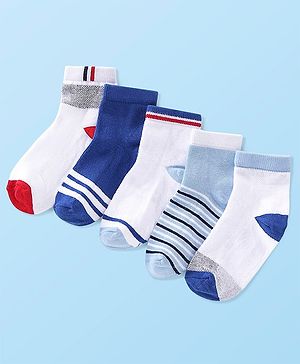 Cute Walk by Babyhug Cotton Blend Rich Non Terry Antibacterial Ankle Length Socks Striped Design Pack of 5 - Blue & White