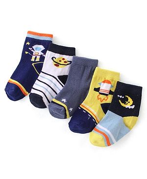 Cutewalk by Babyhug Anti-Bacterial Cotton Rich Non-terry Ankle Length Socks Space Design Pack of 5 - Multicolour