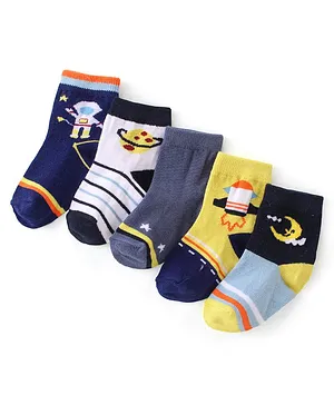 Cutewalk by Babyhug Anti-Bacterial Cotton Rich Non-terry Ankle Length Socks Space Design Pack of 5 - Multicolour
