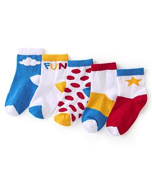 Cute Walk by Babyhug Anti Bacterial Cotton Rich Non Terry Ankle Length Socks Star Print Pack of 5 - Multicolour