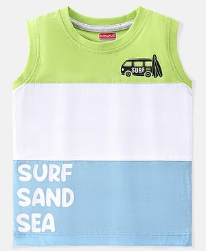 Babyhug 100% Cotton Sleeveless Cut & Sew T-Shirt Text Print - Lime White & Blue