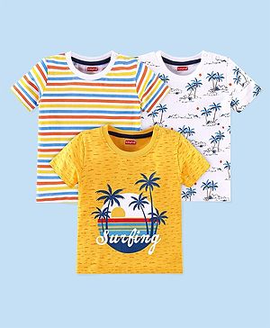 Babyhug Cotton Knit Half Sleeves Striped & Palm Trees Printed T-Shirts Pack of 3  - Multicolour