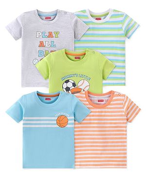 Babyhug Cotton Knit Half Sleeves T-Shirts with Football Graphics  Print Pack of 5 - Blue Green & Grey