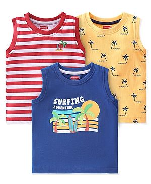 Babyhug Cotton Knit Sleeveless T-Shirt Tree Text & Stripe Print Pack of 3- Blue Red & Yellow