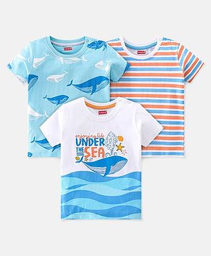 Babyhug Cotton Knit Half Sleeves T-Shirts Shark Printed & Striped Pack of 3 - Blue