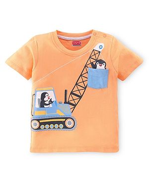 Babyhug Cotton Knit Half Sleeves Penguin & Construction Vehicle Printed T-Shirt - Peach