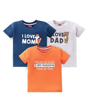 Babyhug 100% Cotton Knit Half Sleeves Text & Animals Graphics T-Shirts Pack of 3 - Orange Blue & Grey