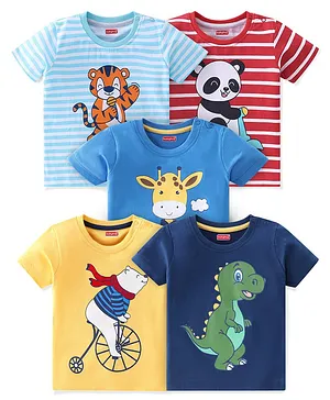 Babyhug 100% Cotton Knit Half Sleeves T-Shirts with Dino & Panda Graphics  Pack of 5 - Multicolour