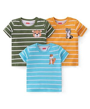 Babyhug 100% Cotton Knit Half Sleeves T-Shirt Stripes & Cub Graphics Pack Of 3 - Multicolor