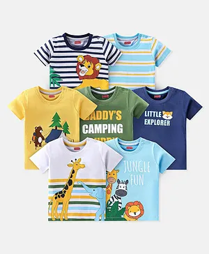 Babyhug 100% Cotton Knit Half Sleeves T-Shirts with Lion & Bear Graphics Pack of 7- Multicolour
