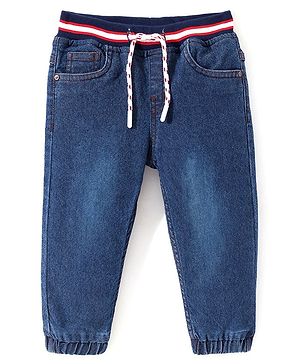 Babyhug Denim Full Length Ribbed Waist  Washed  Jogger - Dark Blue