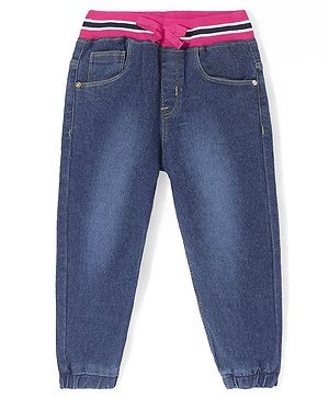 Babyhug Full Length Denim Washed Joggers with Bow Detailing - Dark Blue