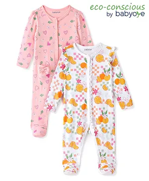 Babyoye Eco Conscious 100% Cotton Interlock with Eco Jiva Finish Full Sleeves Sleep Suits Floral Print Pack Of 2 - White & Pink