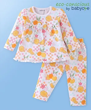 Babyoye Eco Conscious Interlock  Knit Full Sleeves Night Suit Fruits & Floral Print -White
