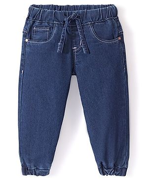 Babyhug Denim Full Length Joggers with Stretch- Dark Blue