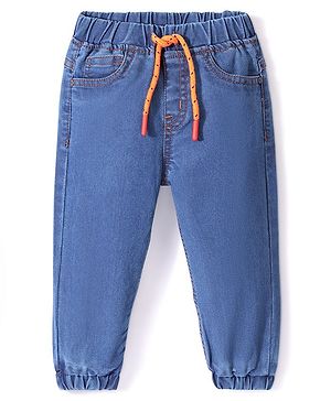 Babyhug Denim Full Length Joggers with Stretch - Medium Blue