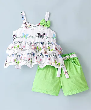 Twetoons Blends DC Sleeveless Top & Skirts with Butterfly Print - Green & White