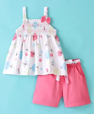 Twetoons Woven Sleeveless Floral Print Top and Shorts Set with Bow Applique - Pink
