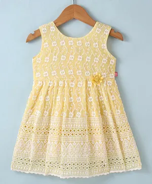 Twetoons Sleeveless Frock with Floral Embroidery - Lemon Yellow