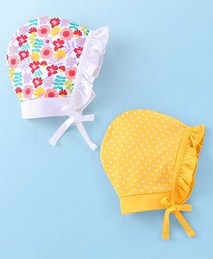 Babyhug 100% Cotton Caps Floral Print Pack of 2 - White & Yellow