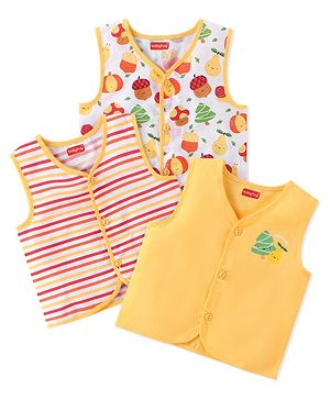 Babyhug 100% Cotton Woven Sleeveless Jhabla Striped & Fruits Print Pack of 3 - Yellow & White