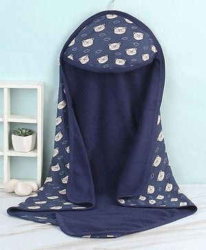 Babyhug Terry Knit Hooded Towel & Wrappers Teddy Print L 76 x B 76 cm - Blue
