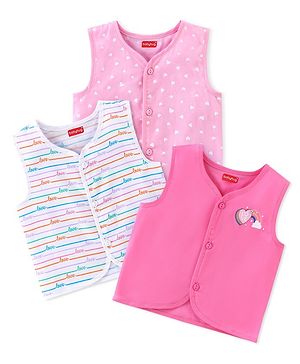 Babyhug 100% Cotton Woven Sleeveless Jhabla Heart Print Pack of 3 - Pink & White