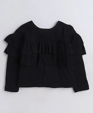 Aww Hunnie Full Sleeves Frill Detailed Solid Cotton Terry Top - Black