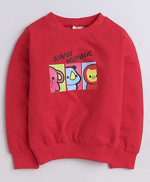 Aww Hunnie Full Sleeves Cartoon Animals Printed Cotton Terry Autumn Winter Sweatshirt - Red