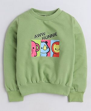 Aww Hunnie Full Sleeves Cartoon Animals Printed Cotton Terry Autumn Winter Sweatshirt - Green