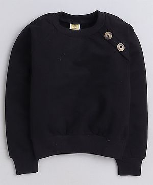 Aww Hunnie Full Sleeves Side Flap Style Button Detailed Cotton Terry Autumn Winter Sweatshirt - Black